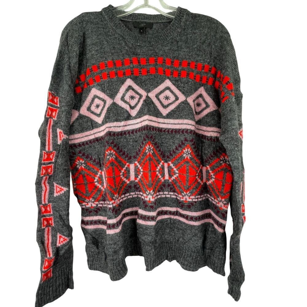 J. Crew Gray orange Crew Neck Pull Over Sweater Women's XL Mohair Wool